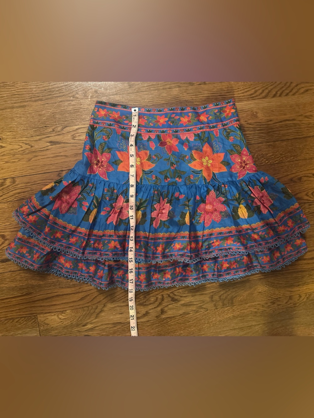 NWT FARM Rio Blue Tropical Tapestry Tiered Mini Skirt - Picture 9 of 11